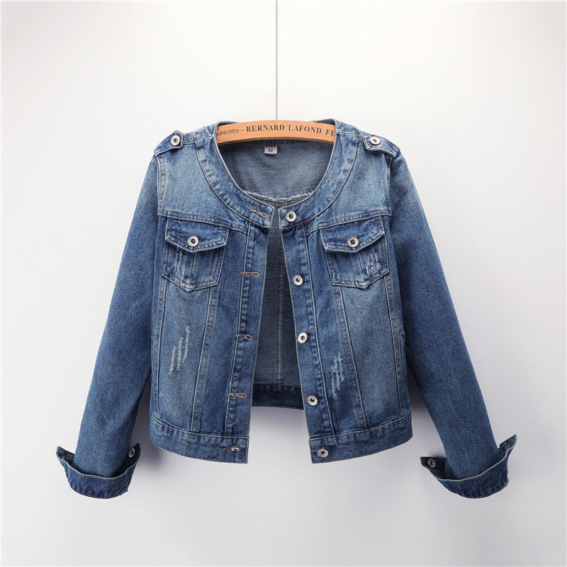 Factory new jacket Korean style round neck casual short top large size denim jacket for women