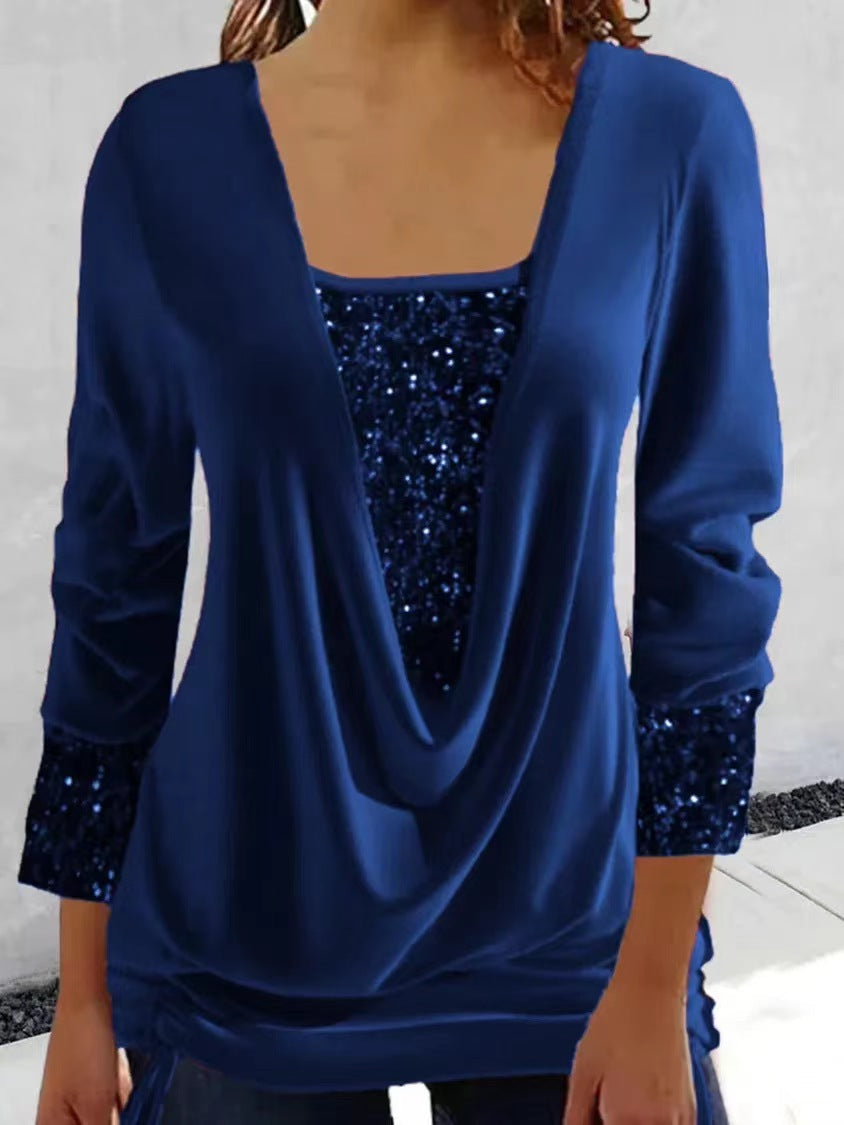 Spring sequin contrast solid color long-sleeved women's large drop collar loose pleated fake two-piece top