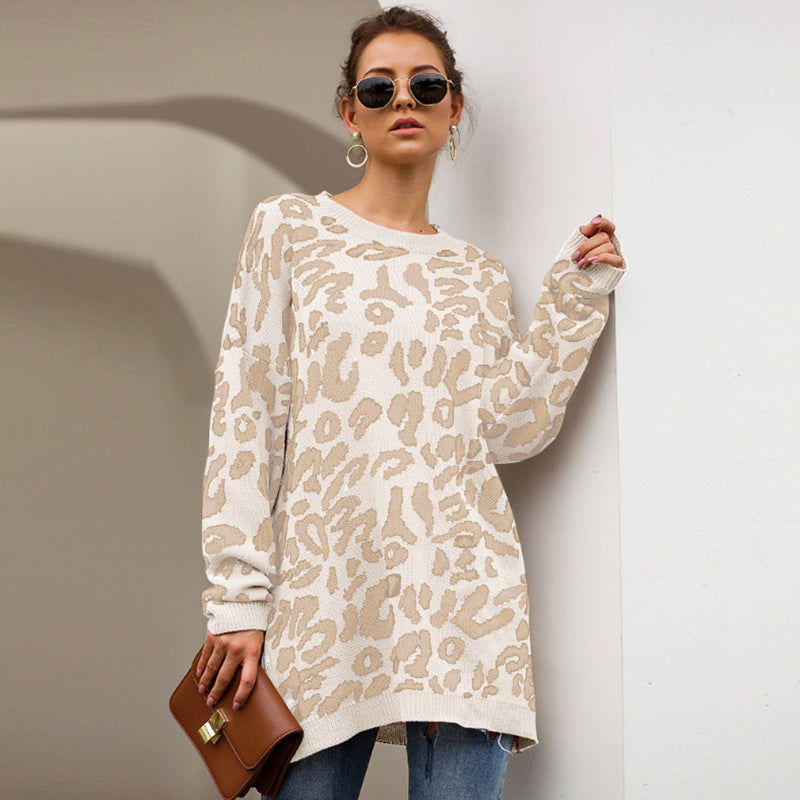 Popular mid-length leopard print sweater for women, versatile and lazy style sweater, loose pullover crew neck sweater