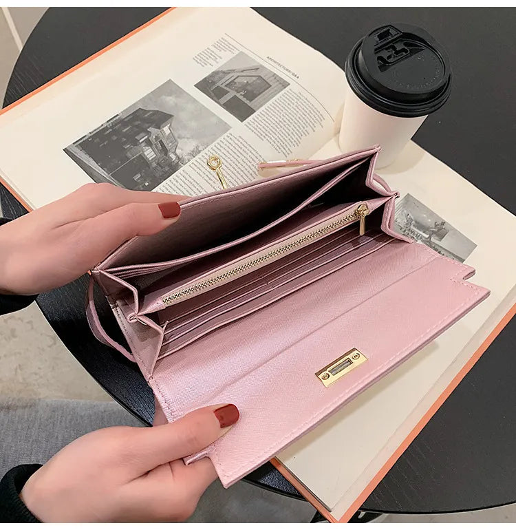 Summer new fashionable lychee pattern solid color women's clutch style multi-card slot lock buckle long money