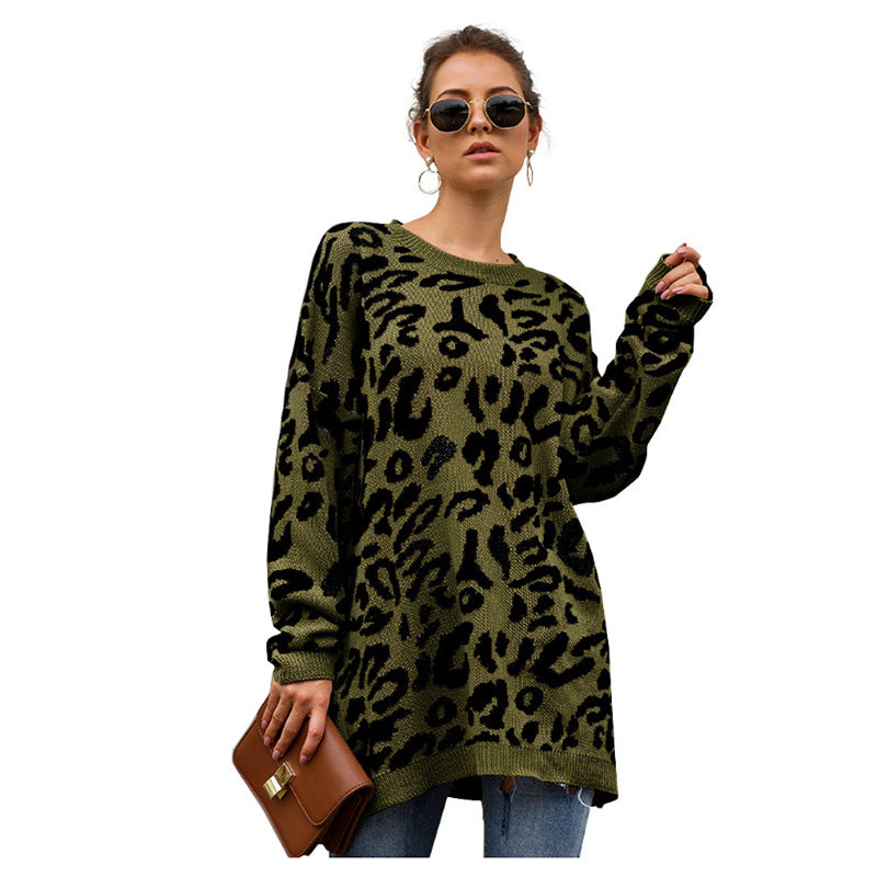 Popular mid-length leopard print sweater for women, versatile and lazy style sweater, loose pullover crew neck sweater