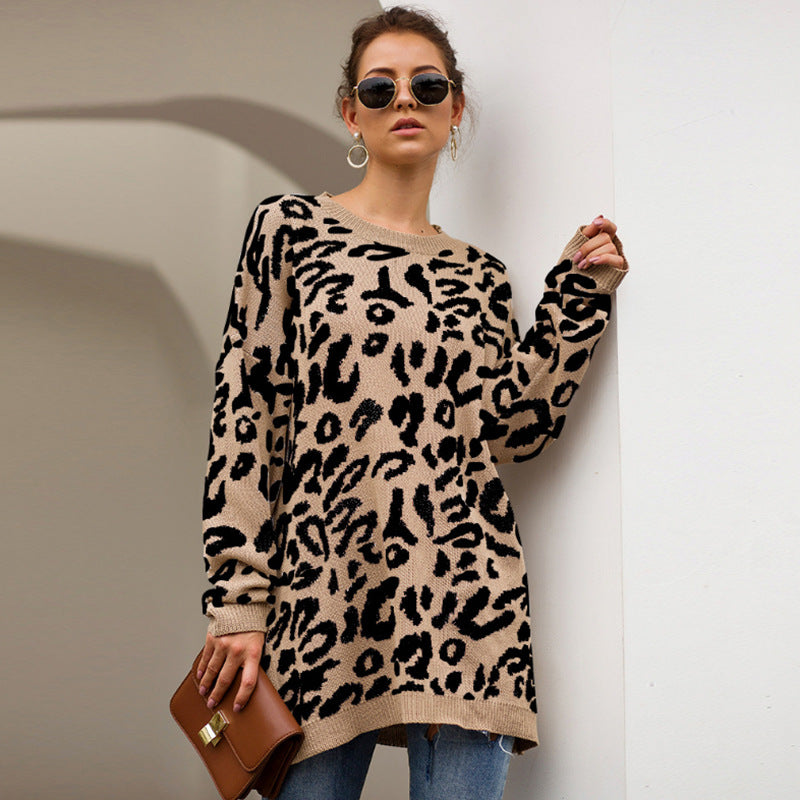 Popular mid-length leopard print sweater for women, versatile and lazy style sweater, loose pullover crew neck sweater