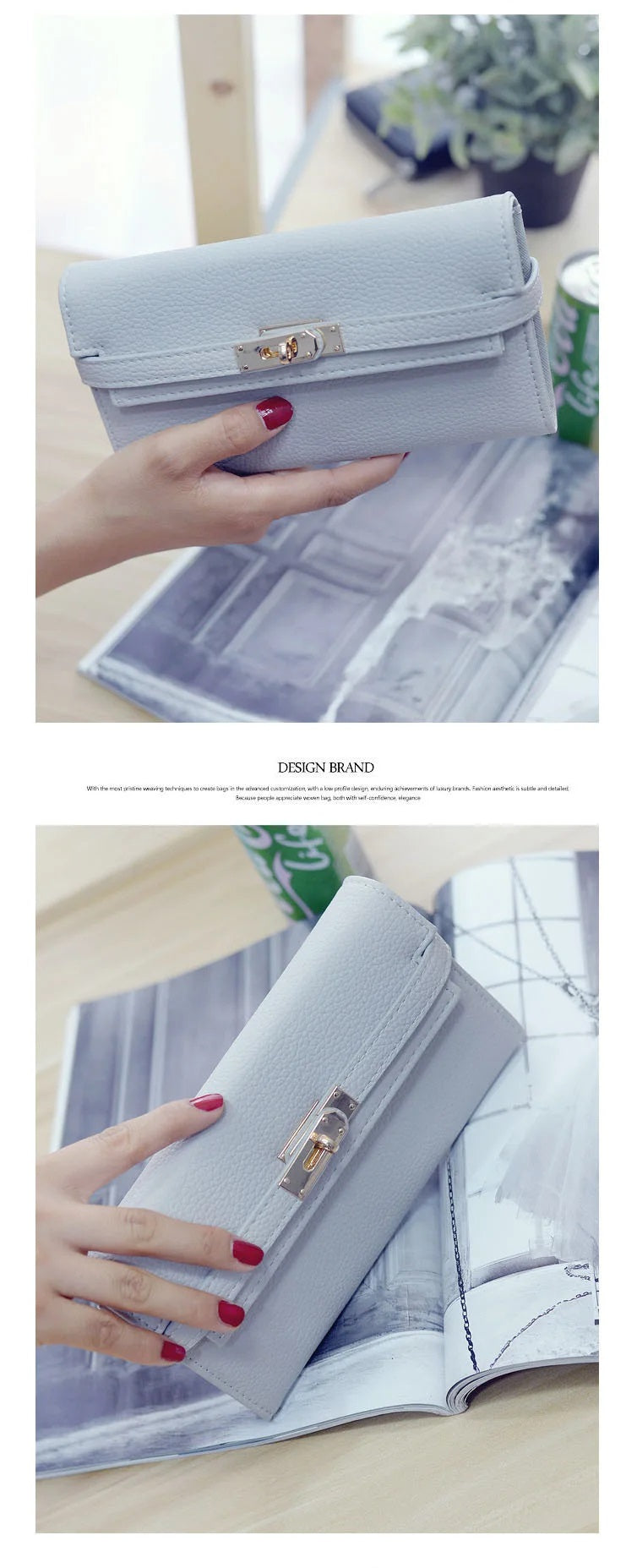 Summer new fashionable lychee pattern solid color women's clutch style multi-card slot lock buckle long money