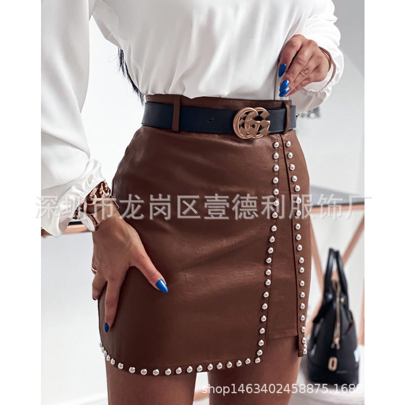 Women's leather skirt hot style sexy leather beaded skirt slit hip skirt autumn and winter new style SU2274