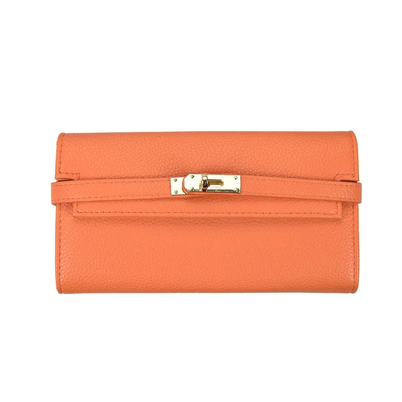 Summer new fashionable lychee pattern solid color women's clutch style multi-card slot lock buckle long money