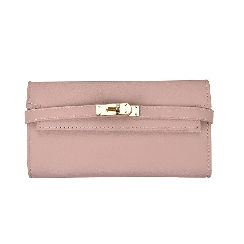 Summer new fashionable lychee pattern solid color women's clutch style multi-card slot lock buckle long money