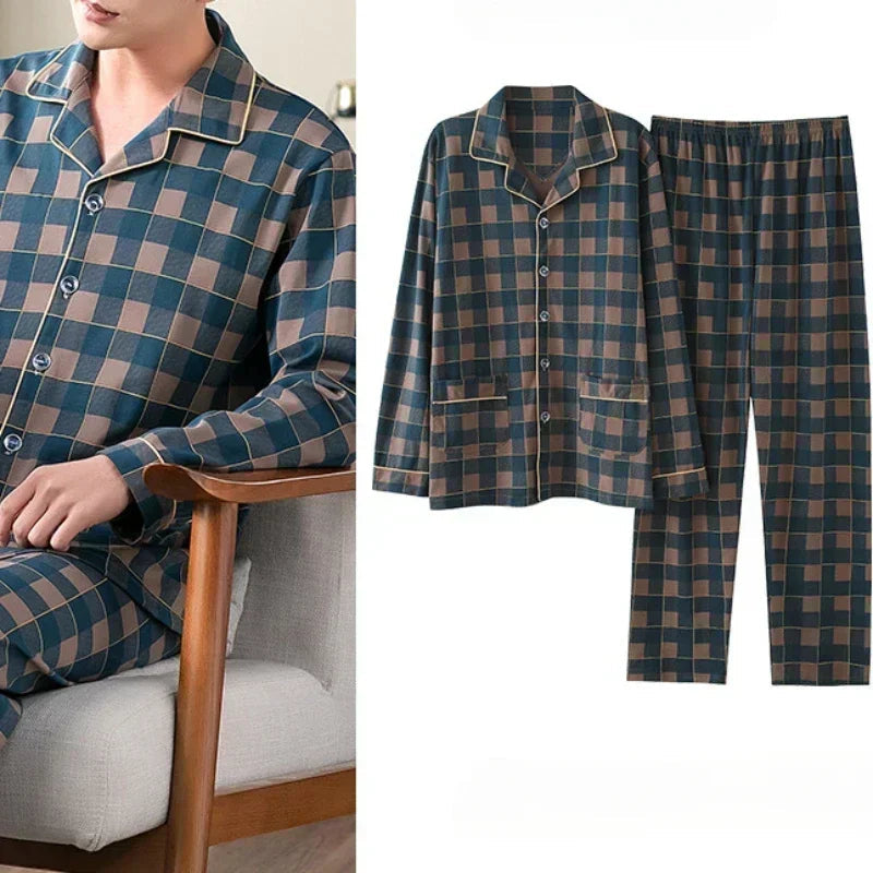 New plaid pajamas men's long-sleeved combed cotton spring and autumn men's thin medium and young home clothes set