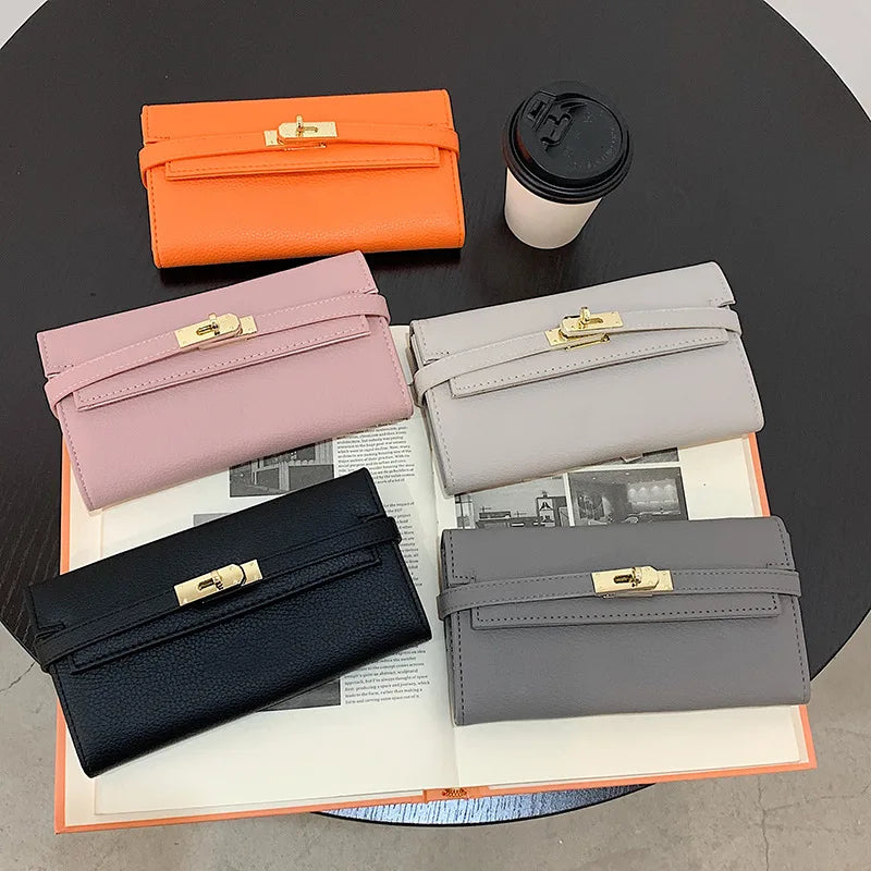 Summer new fashionable lychee pattern solid color women's clutch style multi-card slot lock buckle long money