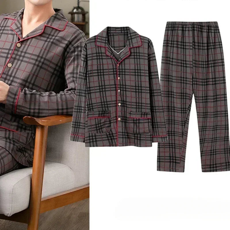 New plaid pajamas men's long-sleeved combed cotton spring and autumn men's thin medium and young home clothes set