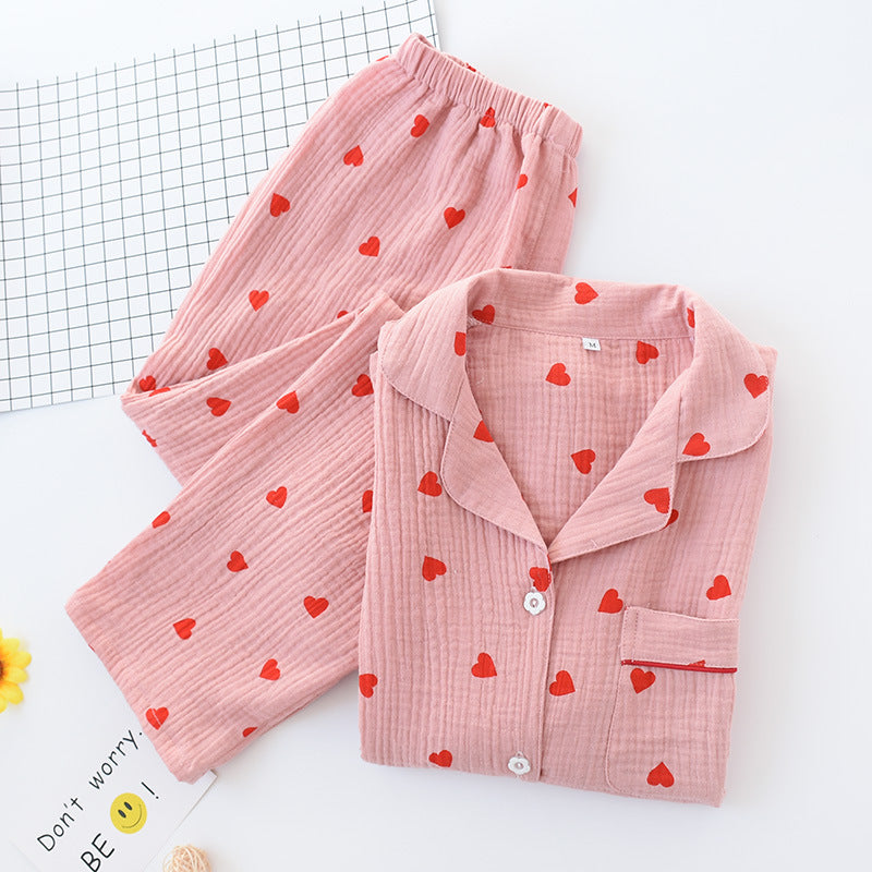 Spring and summer new pajamas set for women double-layer gauze washed cotton gauze crepe pajamas home clothes trousers living clothes