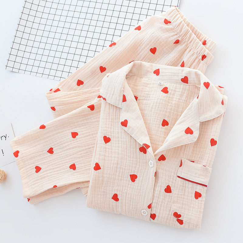 Spring and summer new pajamas set for women double-layer gauze washed cotton gauze crepe pajamas home clothes trousers living clothes