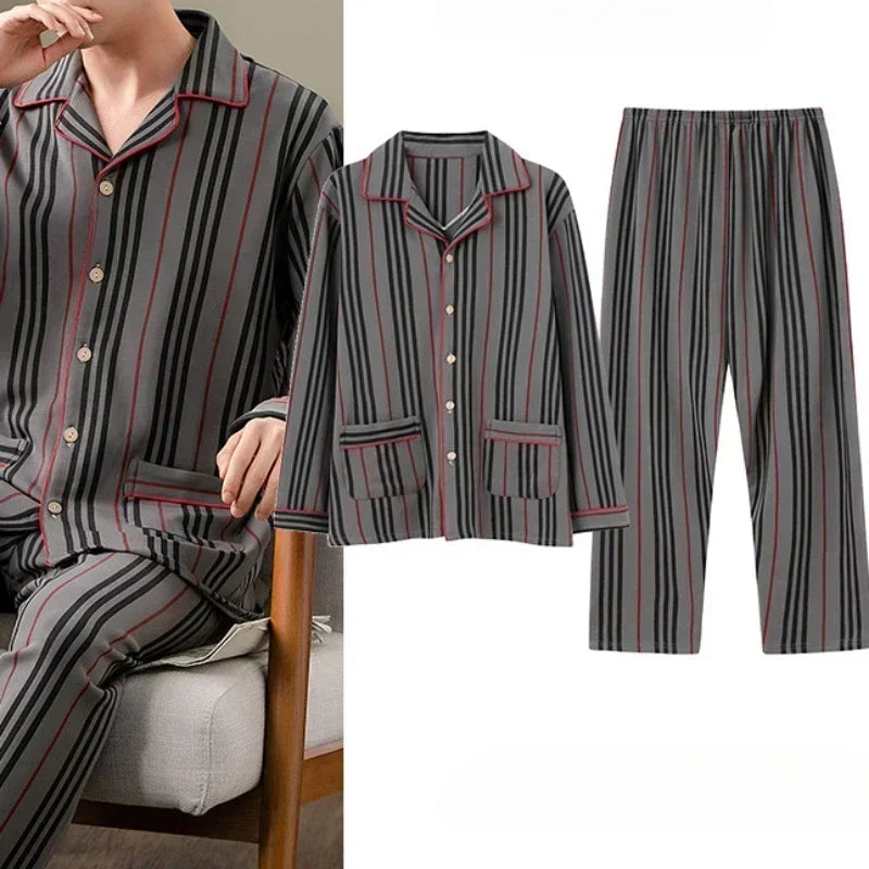 New plaid pajamas men's long-sleeved combed cotton spring and autumn men's thin medium and young home clothes set