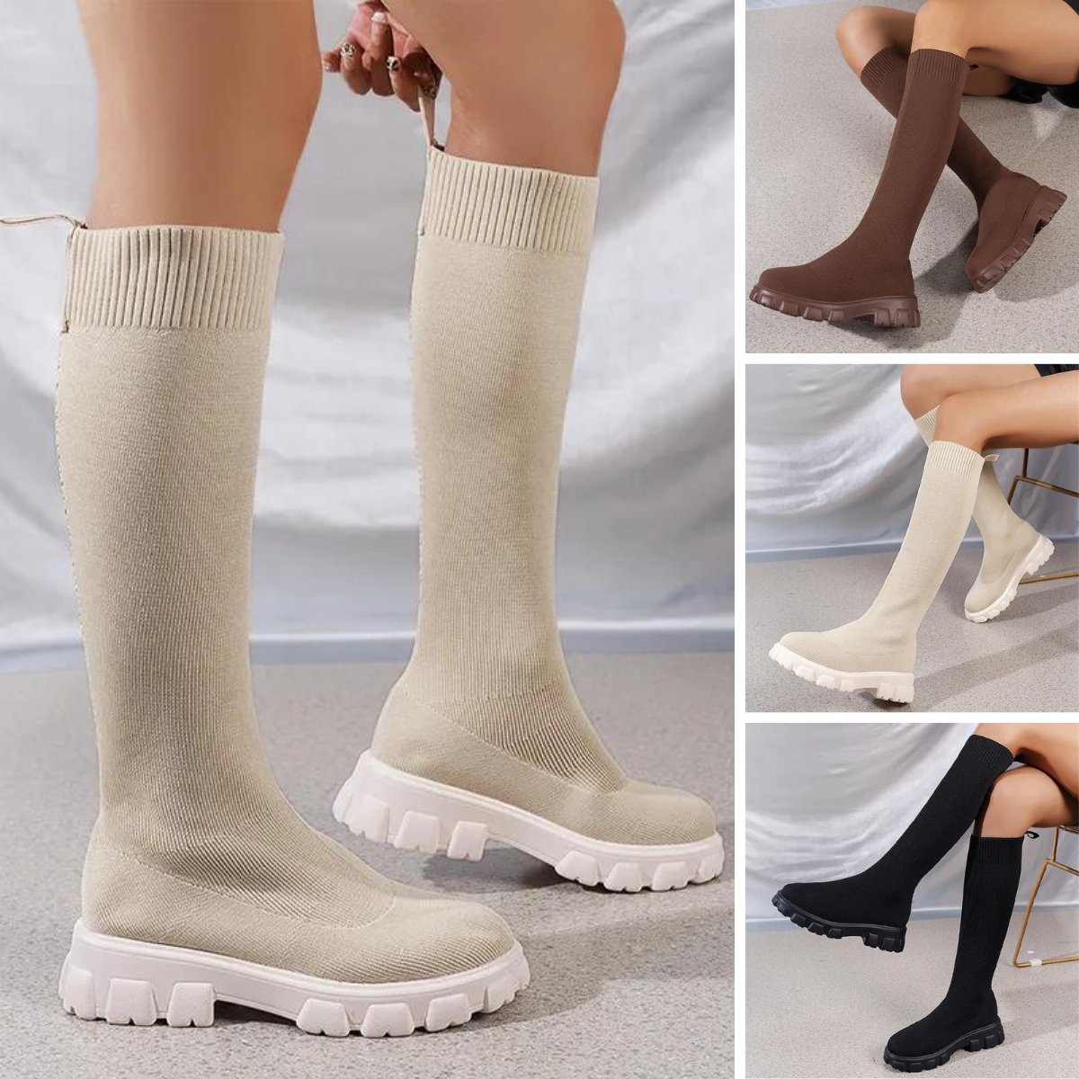 Autumn and winter thick-soled knitted long boots for women, socks, long boots, elastic no more than knee-high round-toe high boots