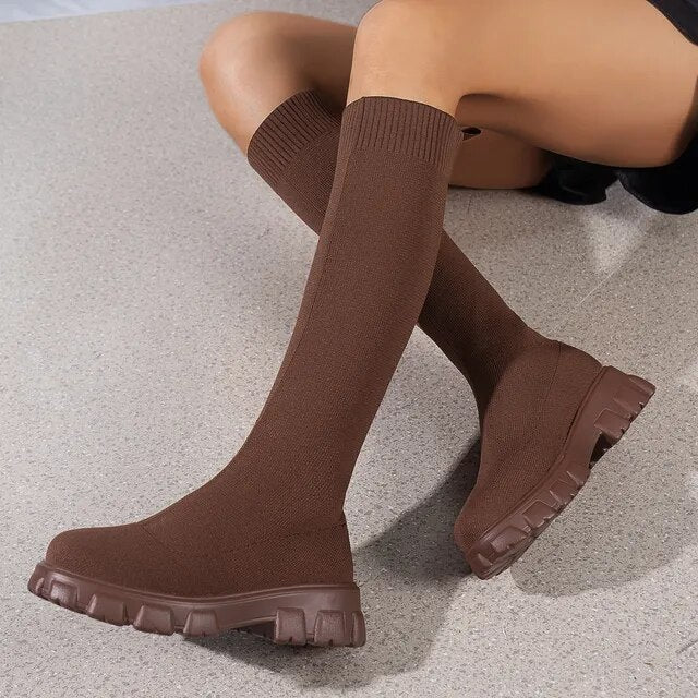 Autumn and winter thick-soled knitted long boots for women, socks, long boots, elastic no more than knee-high round-toe high boots