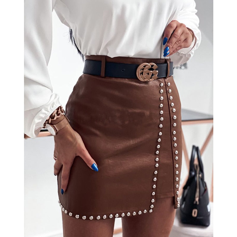 Women's leather skirt hot style sexy leather beaded skirt slit hip skirt autumn and winter new style SU2274