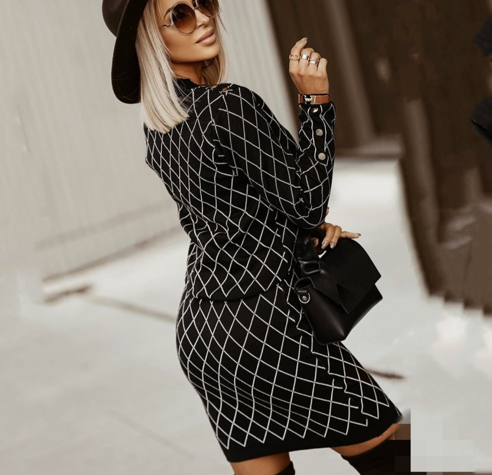 Xiaoxiangfeng fashionable casual suit for women in autumn and winter retro jacquard sweater knitted two-piece suit skirt trendy