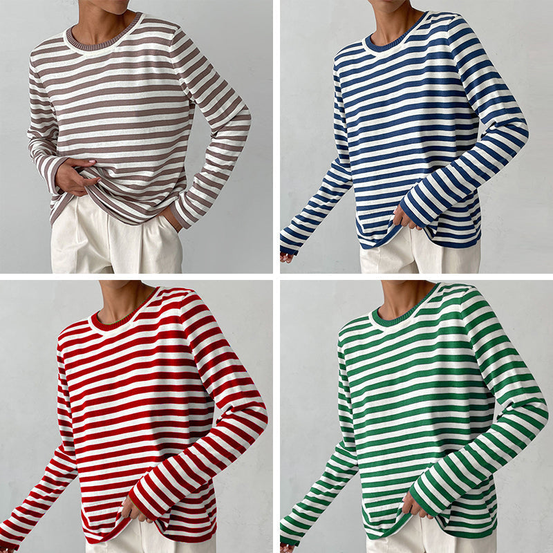 Round neck knitted striped sweater spring versatile classic retro striped pullover sweater for women