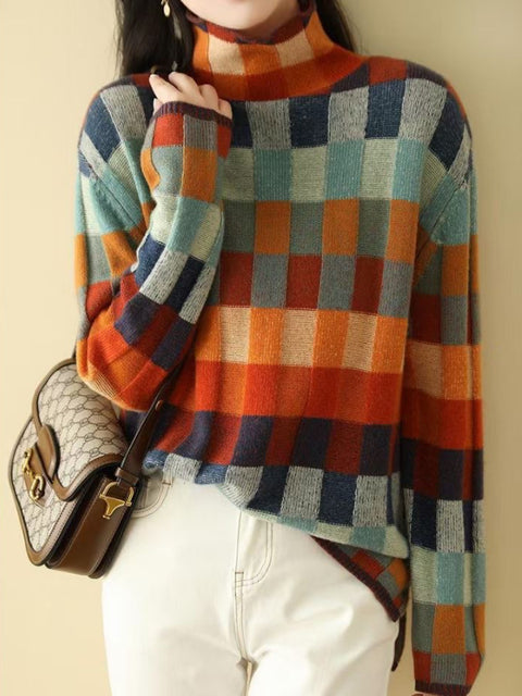 Gorgeous colorful checkerboard wool sweater autumn and winter new high collar lazy slim outer plaid sweater for women