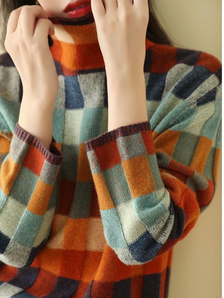 Gorgeous colorful checkerboard wool sweater autumn and winter new high collar lazy slim outer plaid sweater for women