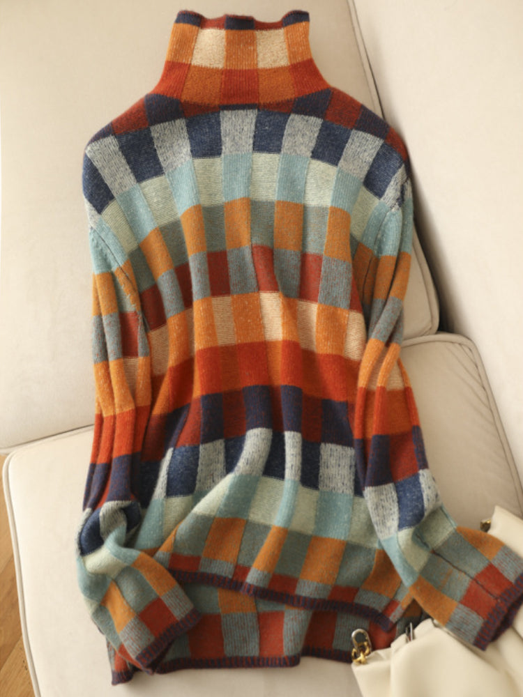 Gorgeous colorful checkerboard wool sweater autumn and winter new high collar lazy slim outer plaid sweater for women