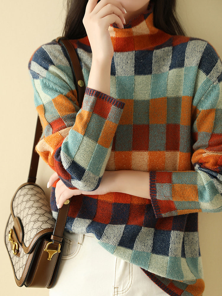 Gorgeous colorful checkerboard wool sweater autumn and winter new high collar lazy slim outer plaid sweater for women