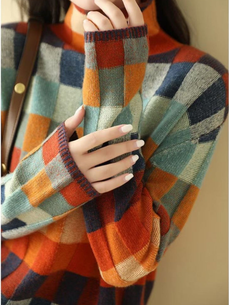 Gorgeous colorful checkerboard wool sweater autumn and winter new high collar lazy slim outer plaid sweater for women