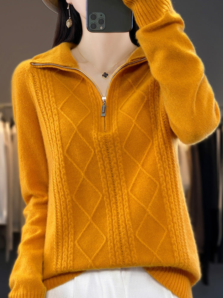 Half-zip stand-up collar pullover lazy style sweater for women autumn and winter loose and western style warm knitted bottoming shirt