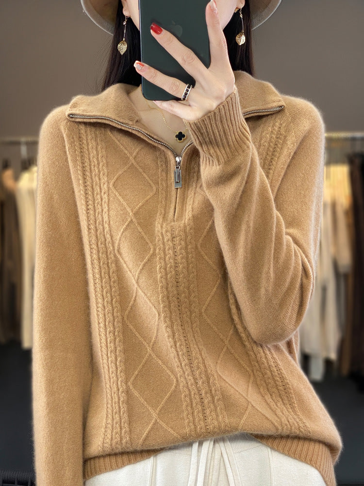 Half-zip stand-up collar pullover lazy style sweater for women autumn and winter loose and western style warm knitted bottoming shirt