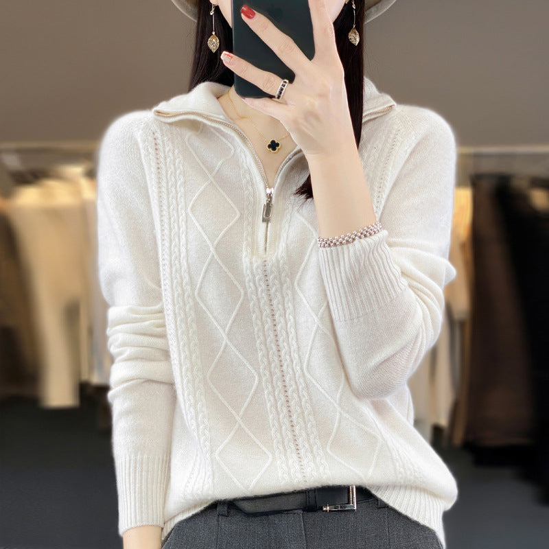 Half-zip stand-up collar pullover lazy style sweater for women autumn and winter loose and western style warm knitted bottoming shirt