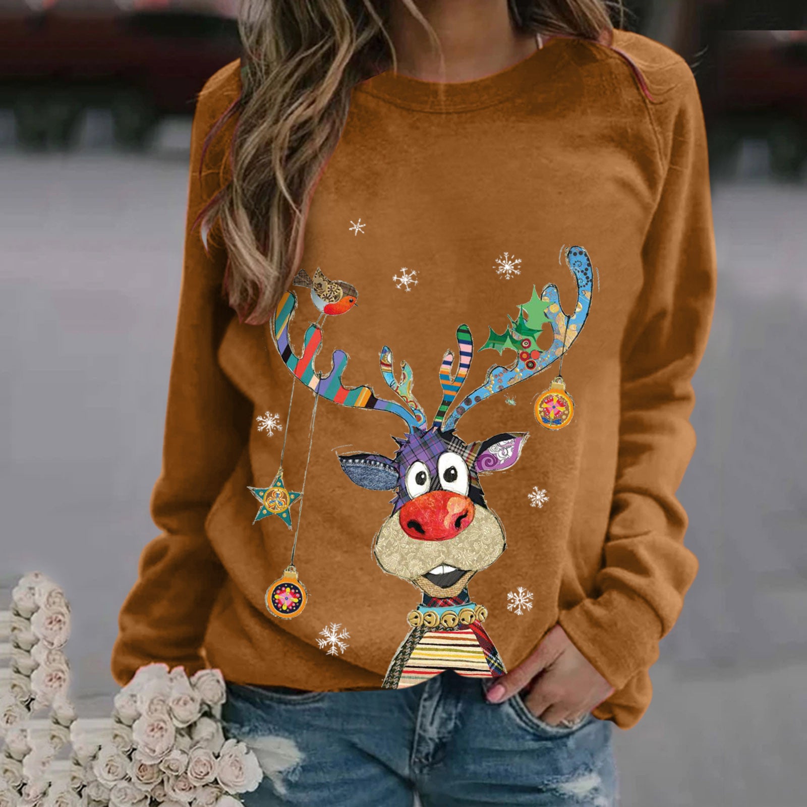 eBay Christmas pattern printed long-sleeved round neck sweatshirt for women