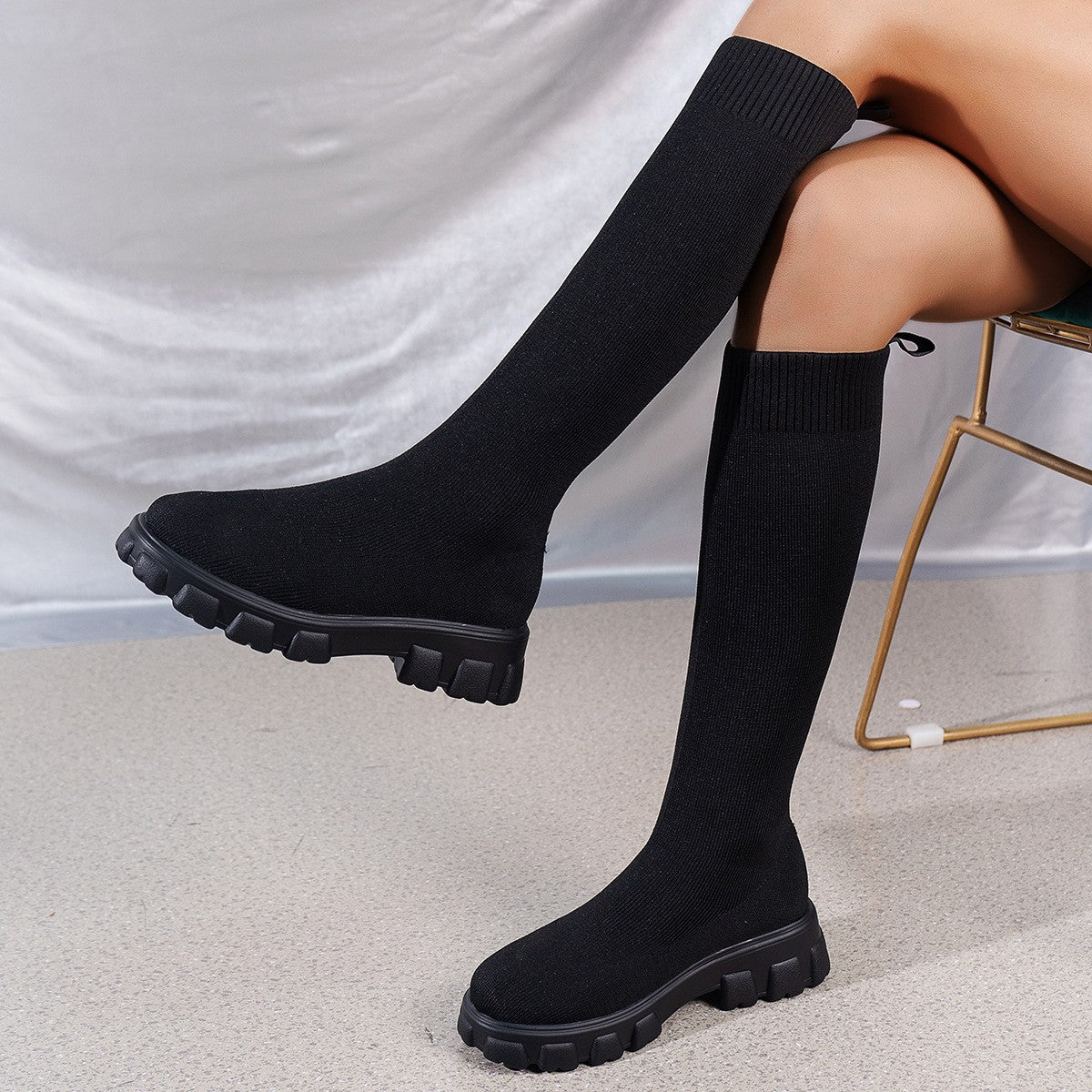 Autumn and winter thick-soled knitted long boots for women, socks, long boots, elastic no more than knee-high round-toe high boots