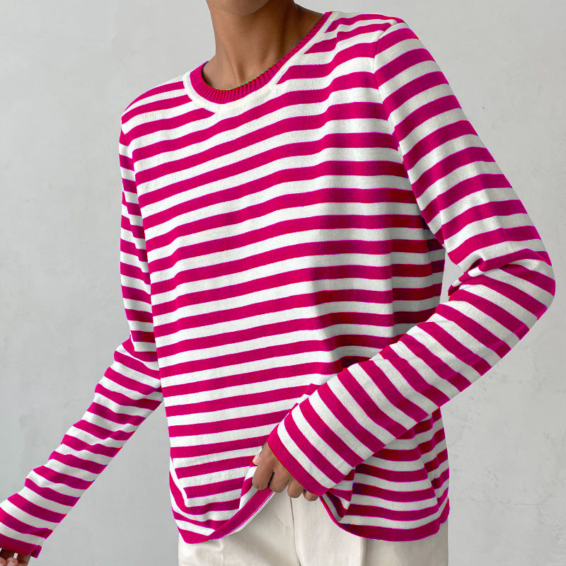 Round neck knitted striped sweater spring versatile classic retro striped pullover sweater for women