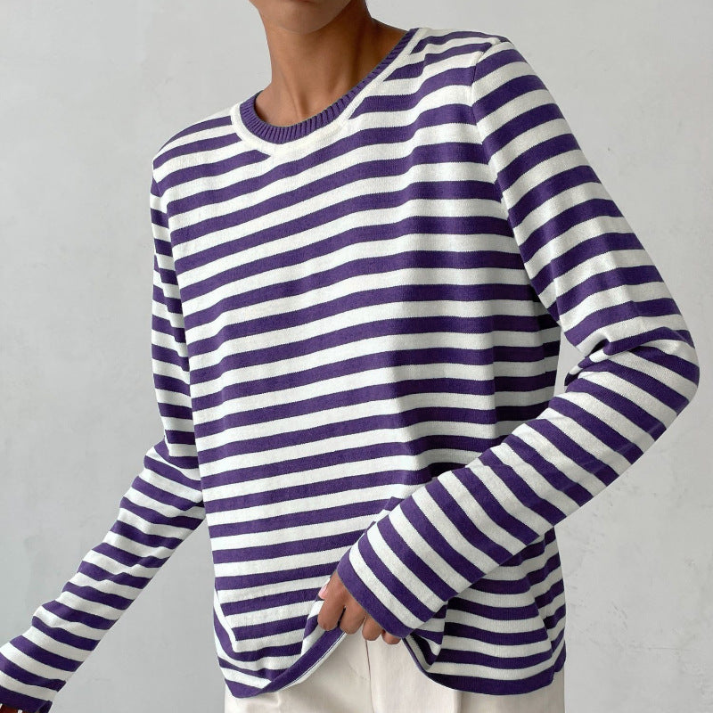 Round neck knitted striped sweater spring versatile classic retro striped pullover sweater for women