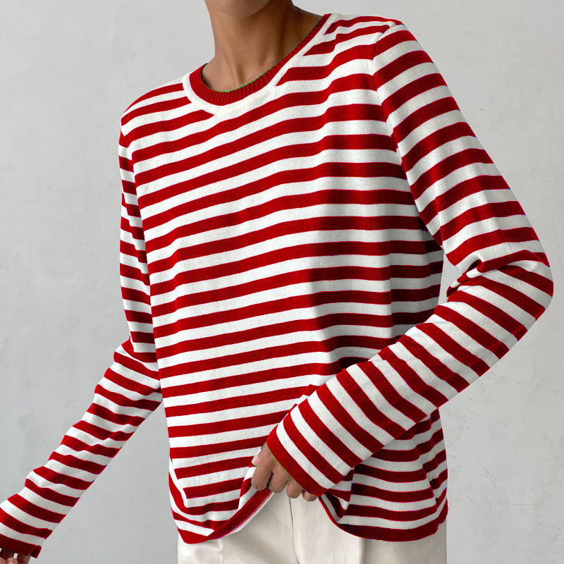 Round neck knitted striped sweater spring versatile classic retro striped pullover sweater for women