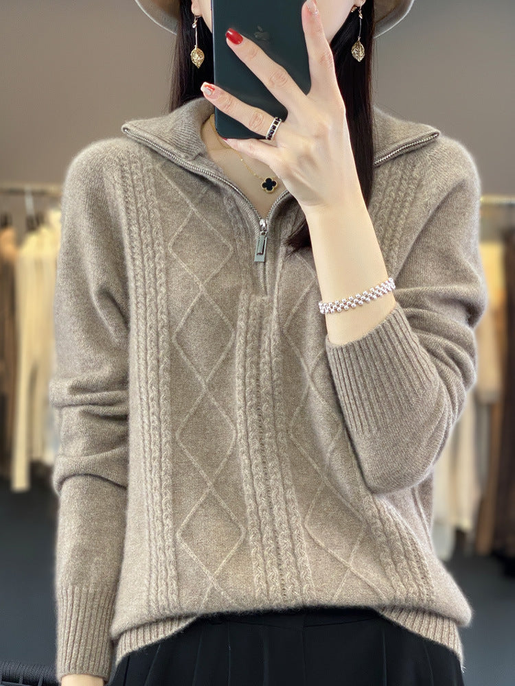 Half-zip stand-up collar pullover lazy style sweater for women autumn and winter loose and western style warm knitted bottoming shirt