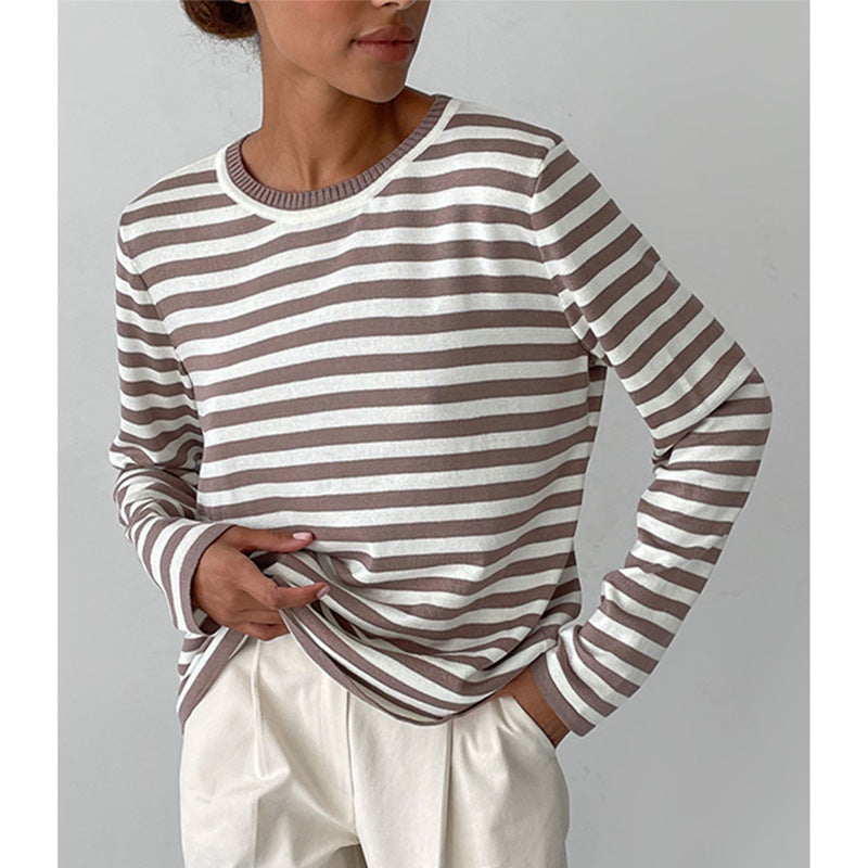 Round neck knitted striped sweater spring versatile classic retro striped pullover sweater for women