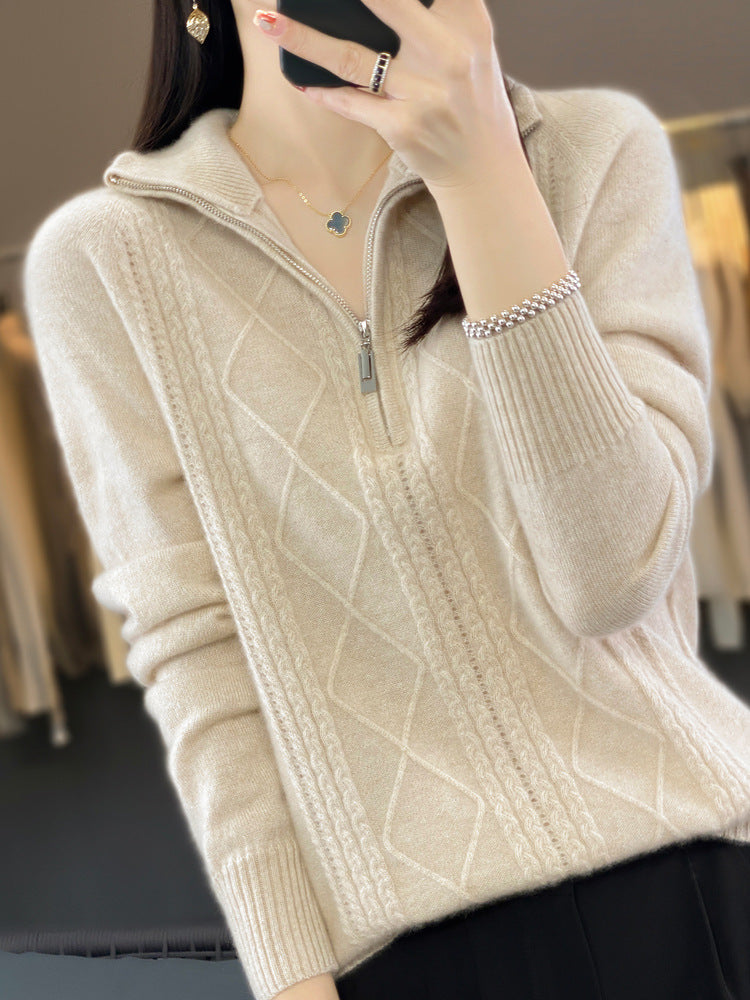 Half-zip stand-up collar pullover lazy style sweater for women autumn and winter loose and western style warm knitted bottoming shirt