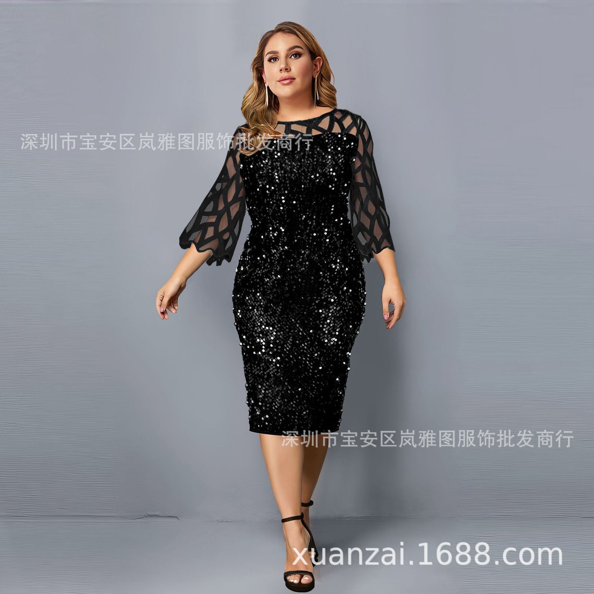 Supply Spring and Autumn Hot Style Personalized Sequin Design Large Size Women's Dress 10 Colors 8 Sizes