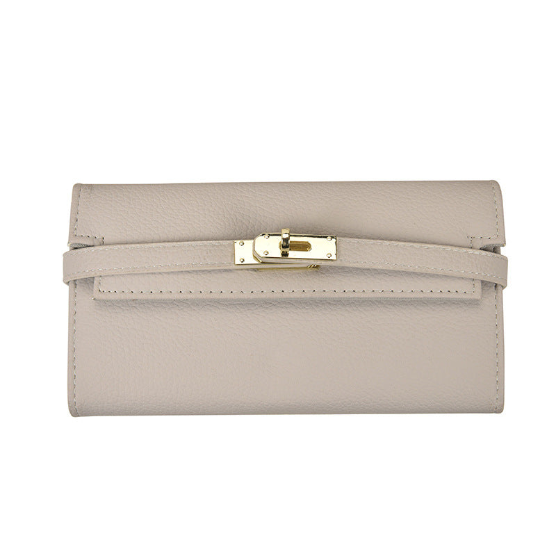 Summer new fashionable lychee pattern solid color women's clutch style multi-card slot lock buckle long money