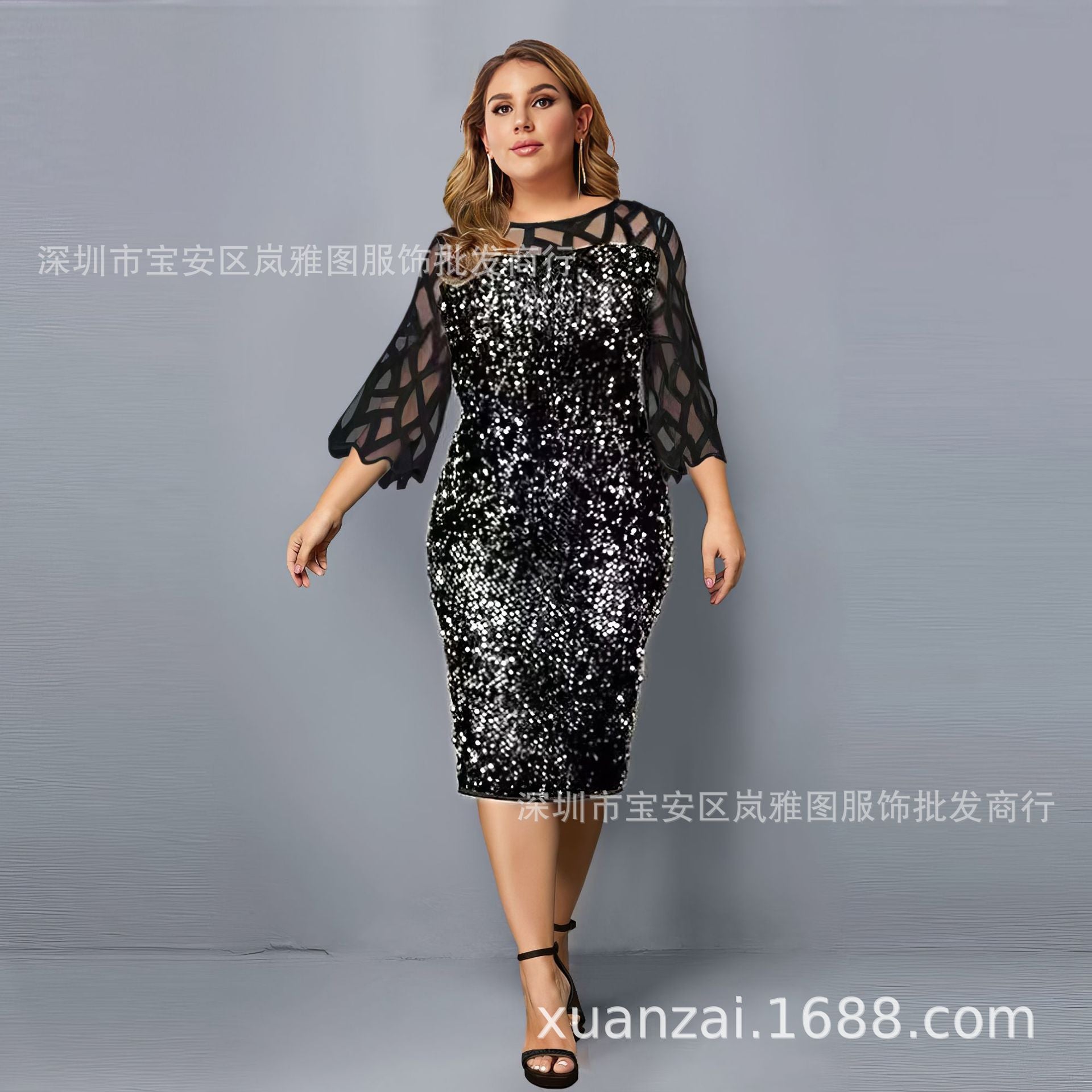 Supply Spring and Autumn Hot Style Personalized Sequin Design Large Size Women's Dress 10 Colors 8 Sizes