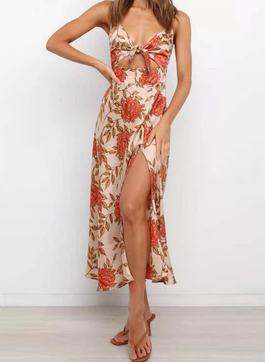 Women's New Sling Print Women's Bow Beach Backless Dress