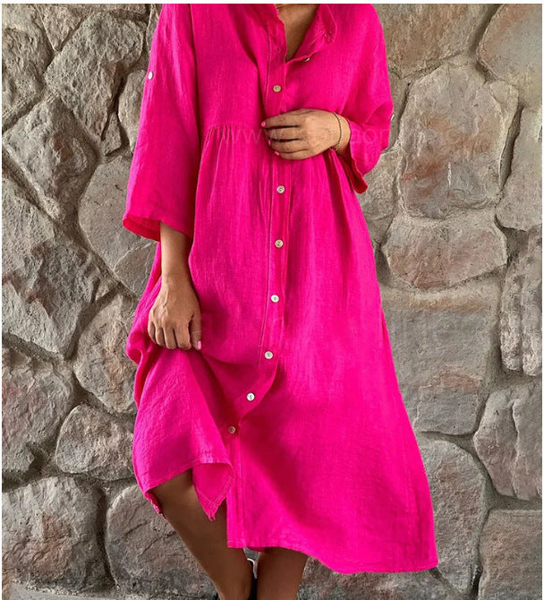 Women's new cotton and linen solid color casual stand collar button long dress