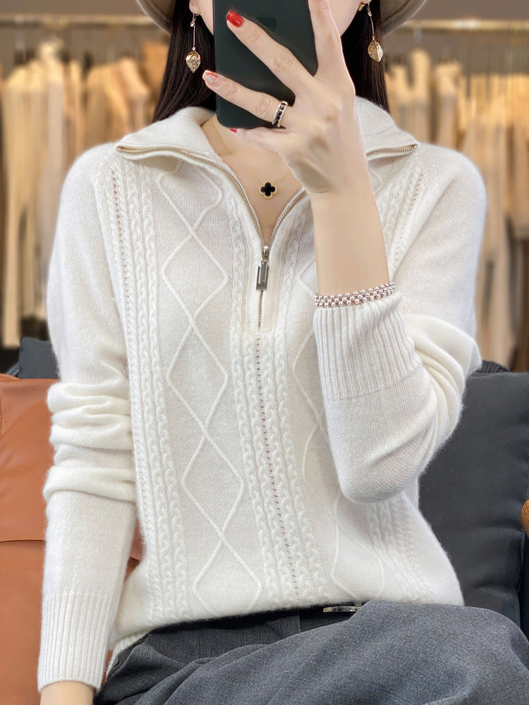 Half-zip stand-up collar pullover lazy style sweater for women autumn and winter loose and western style warm knitted bottoming shirt