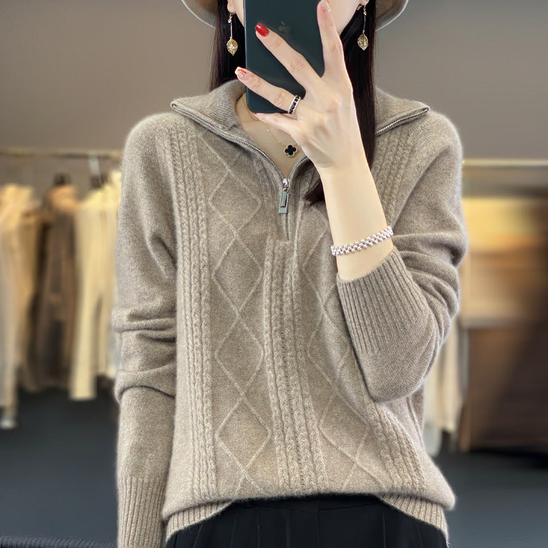 Half-zip stand-up collar pullover lazy style sweater for women autumn and winter loose and western style warm knitted bottoming shirt