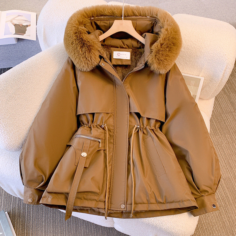 Winter plush cotton-padded jacket, waist-cinching workwear, down-padded jacket, thickened warm-padded jacket, small man, western-style overcoming