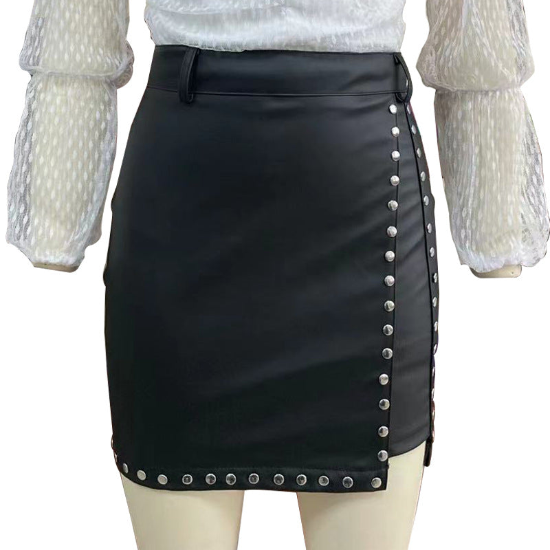 Women's leather skirt hot style sexy leather beaded skirt slit hip skirt autumn and winter new style SU2274