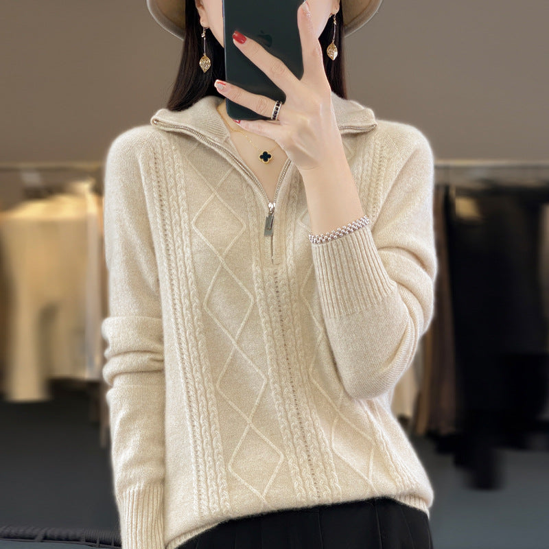 Half-zip stand-up collar pullover lazy style sweater for women autumn and winter loose and western style warm knitted bottoming shirt