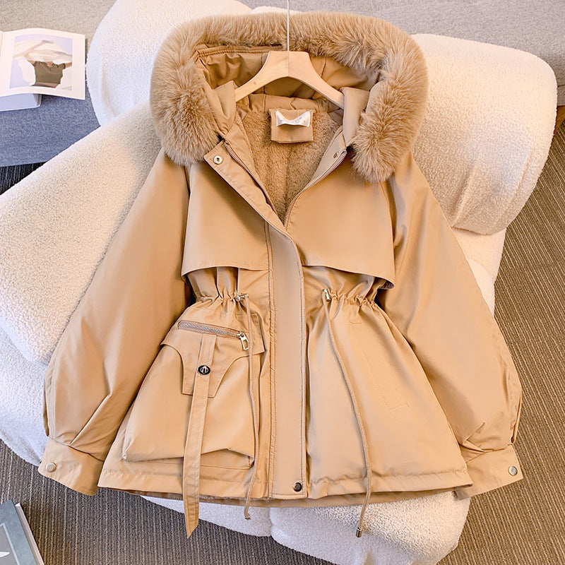 Winter plush cotton-padded jacket, waist-cinching workwear, down-padded jacket, thickened warm-padded jacket, small man, western-style overcoming