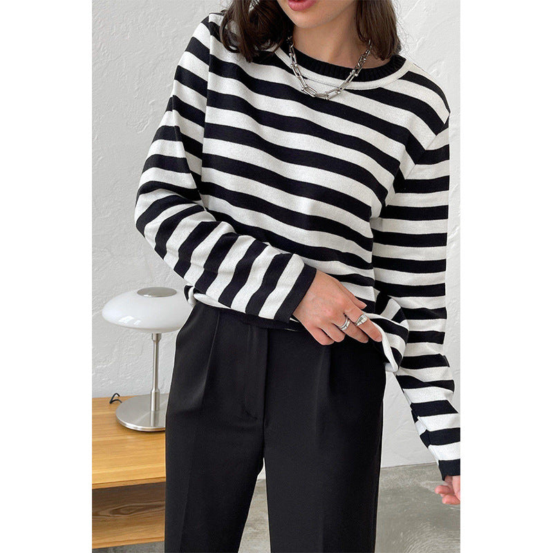 Round neck knitted striped sweater spring versatile classic retro striped pullover sweater for women