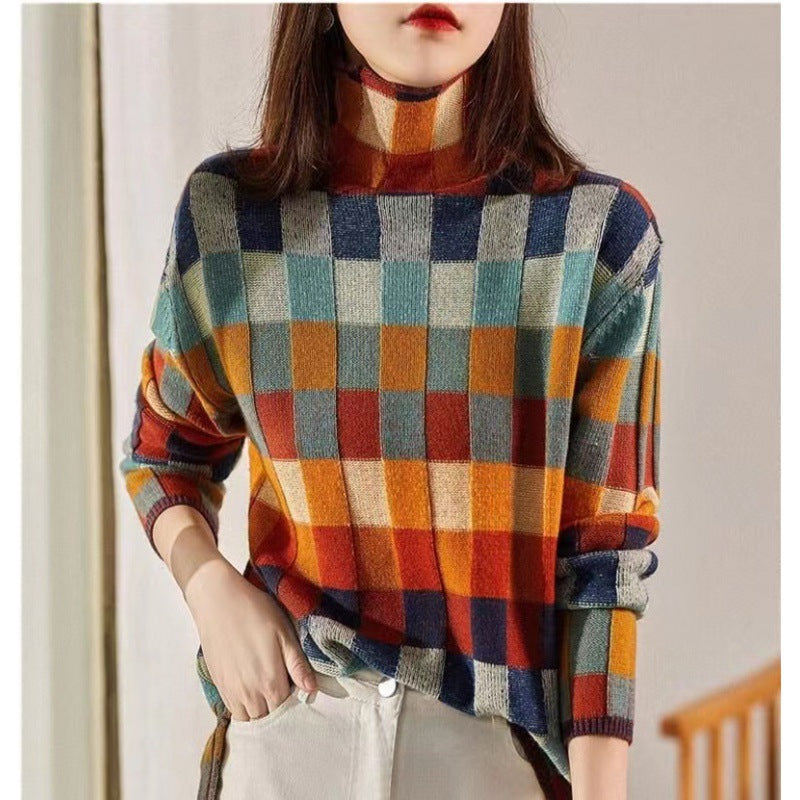 Gorgeous colorful checkerboard wool sweater autumn and winter new high collar lazy slim outer plaid sweater for women